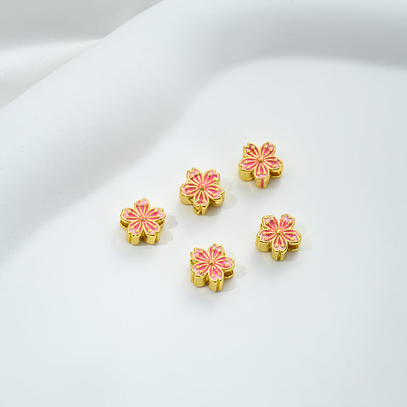 Pink oil-drop cloisonne pink cherry blossom spacer bead round ball straight tube