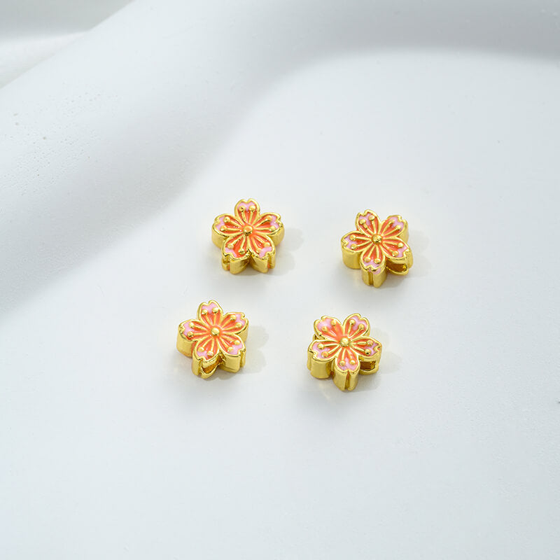 Pink oil-drop cloisonne pink cherry blossom spacer bead round ball straight tube