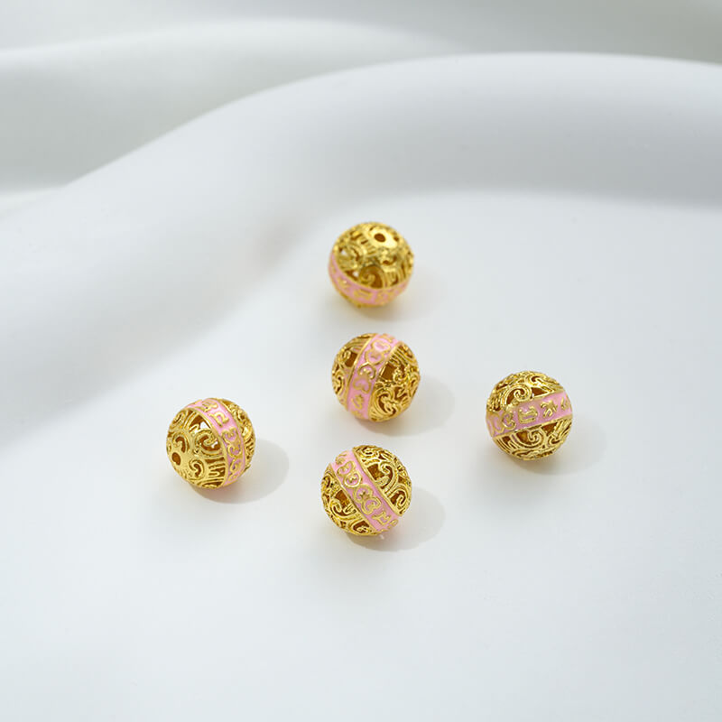 Pink oil-drop cloisonne pink cherry blossom spacer bead round ball straight tube