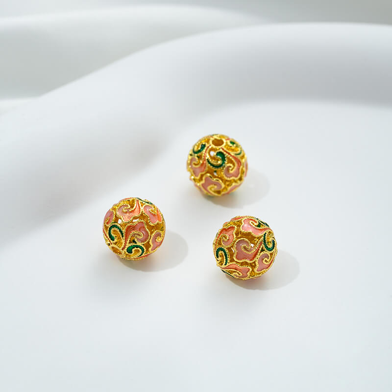 Pink oil-drop cloisonne pink cherry blossom spacer bead round ball straight tube