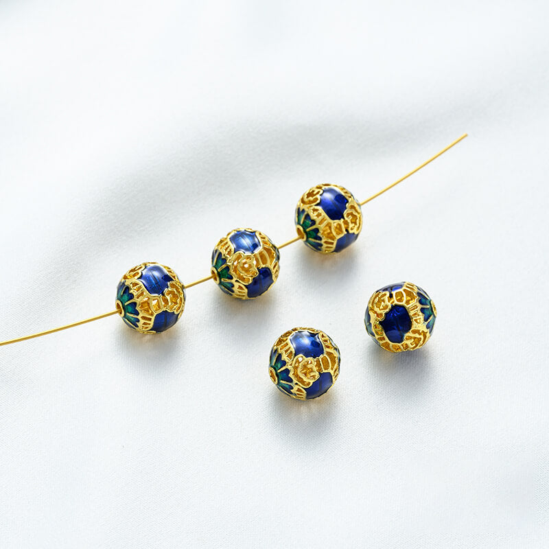 18K gold enamel ball blue round bead spacer