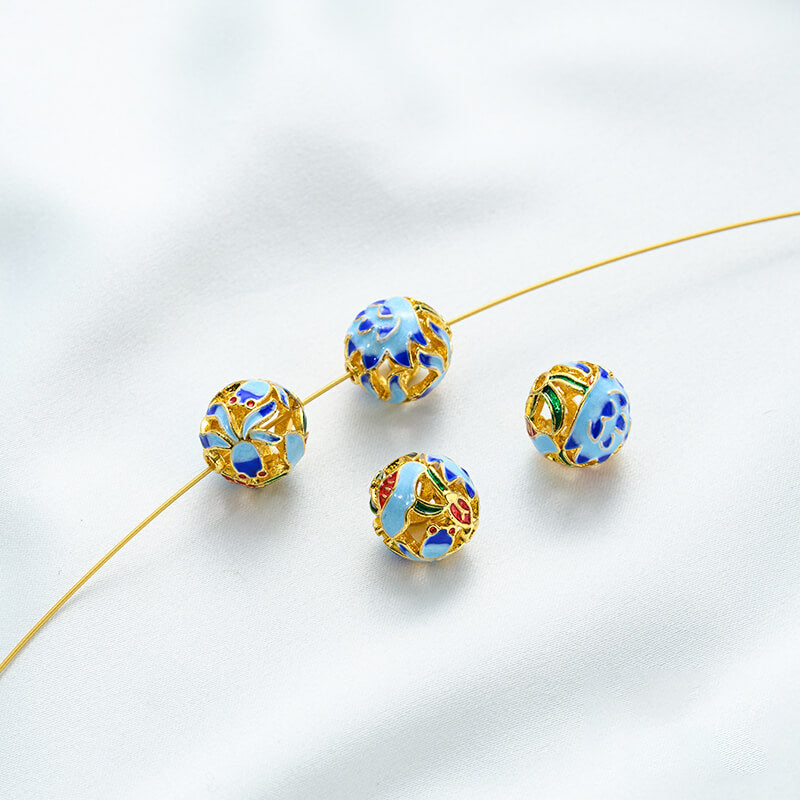 18K gold enamel ball blue round bead spacer