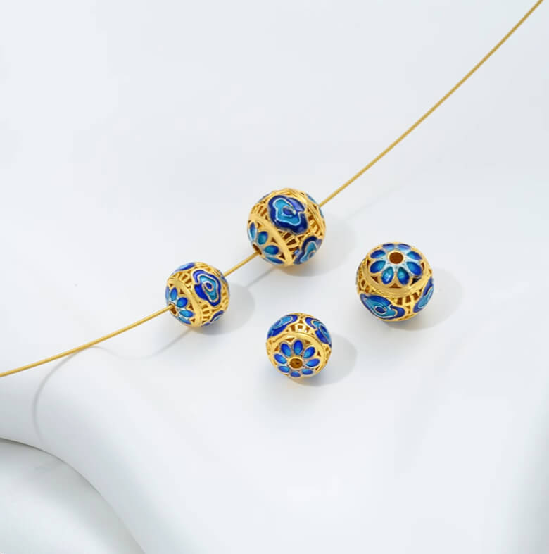 18K gold enamel ball blue round bead spacer