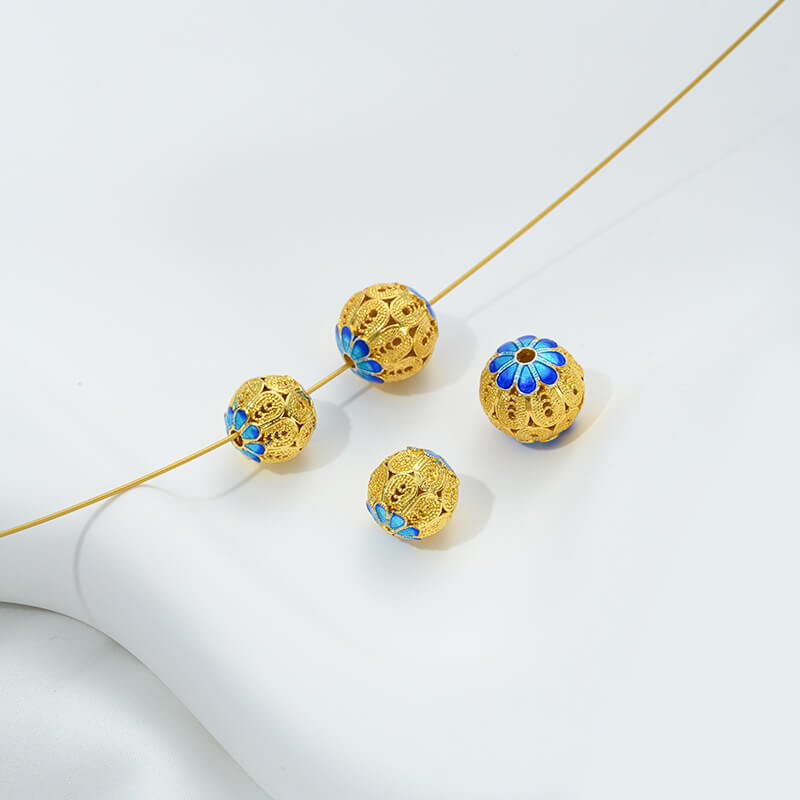 18K gold enamel ball blue round bead spacer