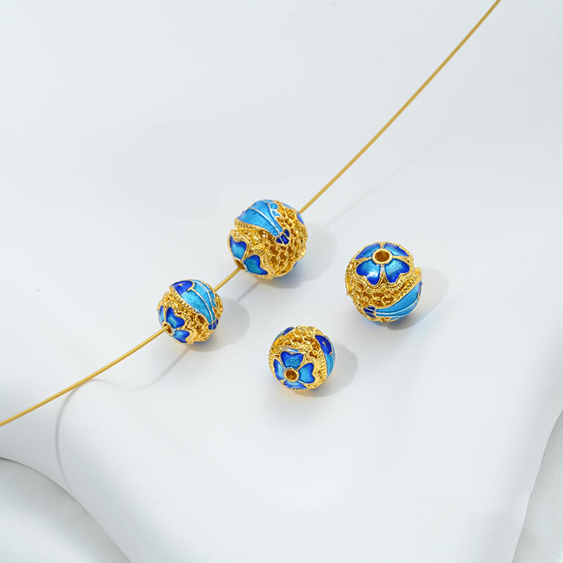 18K gold enamel ball blue round bead spacer
