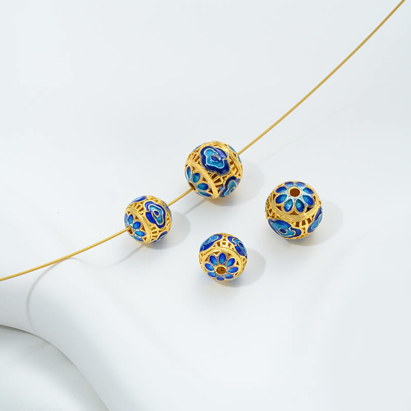 18K gold enamel ball blue round bead spacer