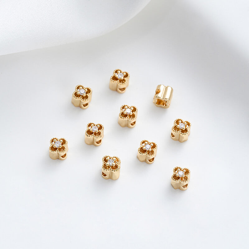 Hollow lace colored zirconium four-leaf clover spacer beads
