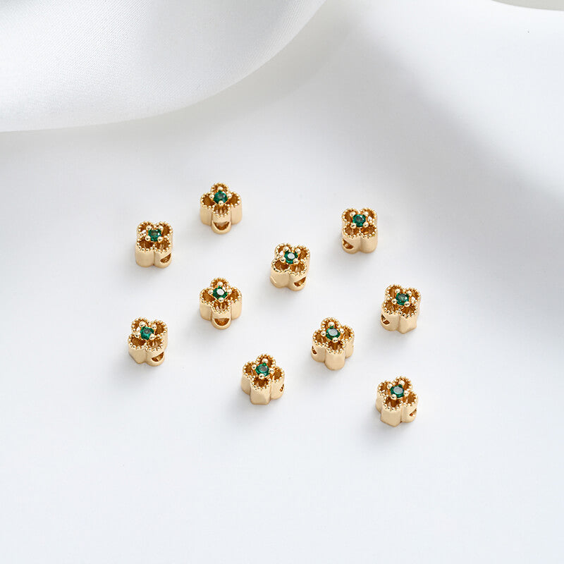 Hollow lace colored zirconium four-leaf clover spacer beads