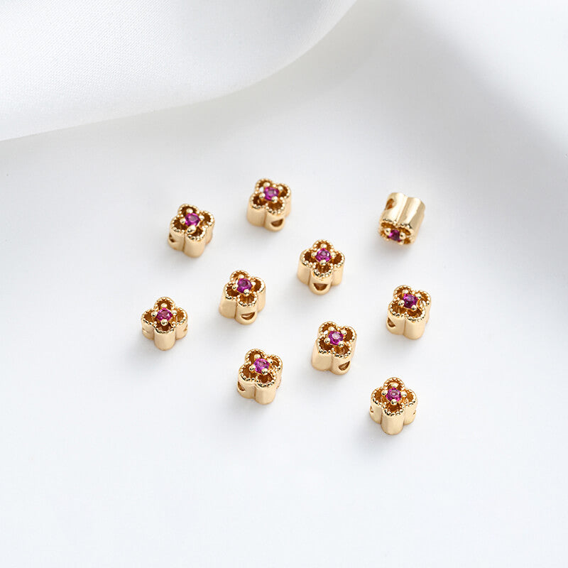 Hollow lace colored zirconium four-leaf clover spacer beads