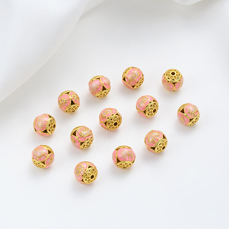 Gold-dripped cloisonne pink peach blossom hollow sphere copper coin lotus butterfly spacer beads