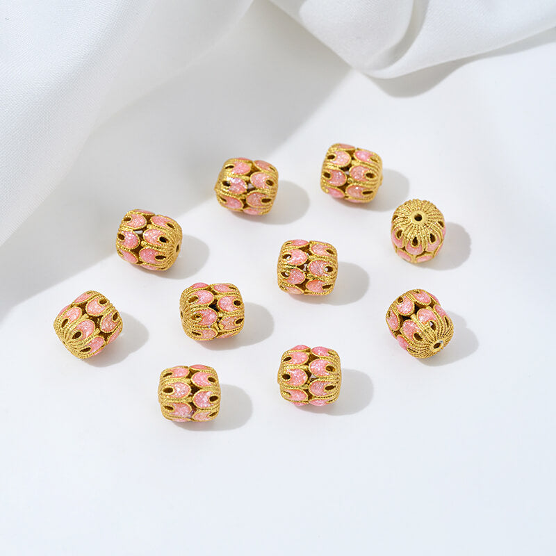 Gold-dripped cloisonne pink peach blossom hollow sphere copper coin lotus butterfly spacer beads