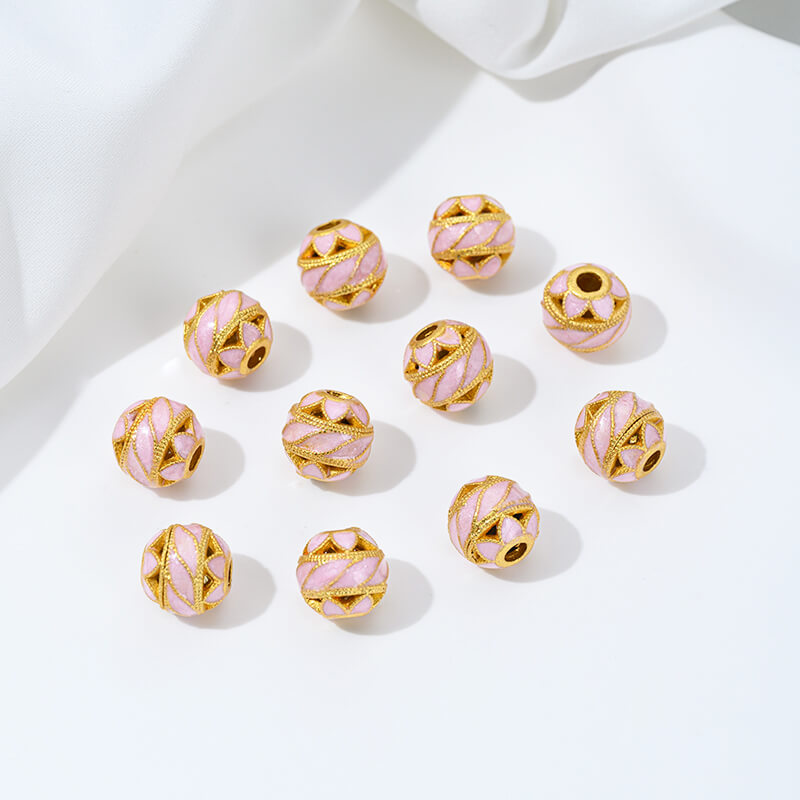 Gold-dripped cloisonne pink peach blossom hollow sphere copper coin lotus butterfly spacer beads