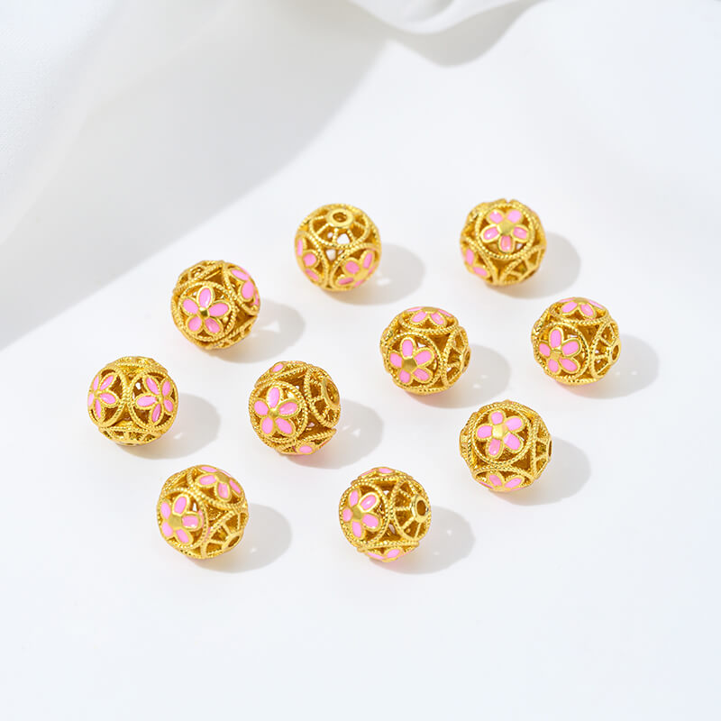 Gold-dripped cloisonne pink peach blossom hollow sphere copper coin lotus butterfly spacer beads