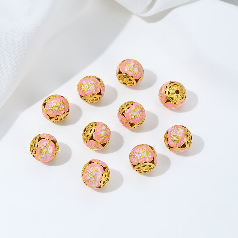 Gold-dripped cloisonne pink peach blossom hollow sphere copper coin lotus butterfly spacer beads