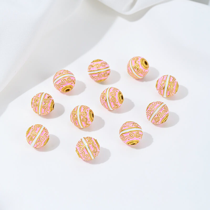 Gold-dripped cloisonne pink peach blossom hollow sphere copper coin lotus butterfly spacer beads