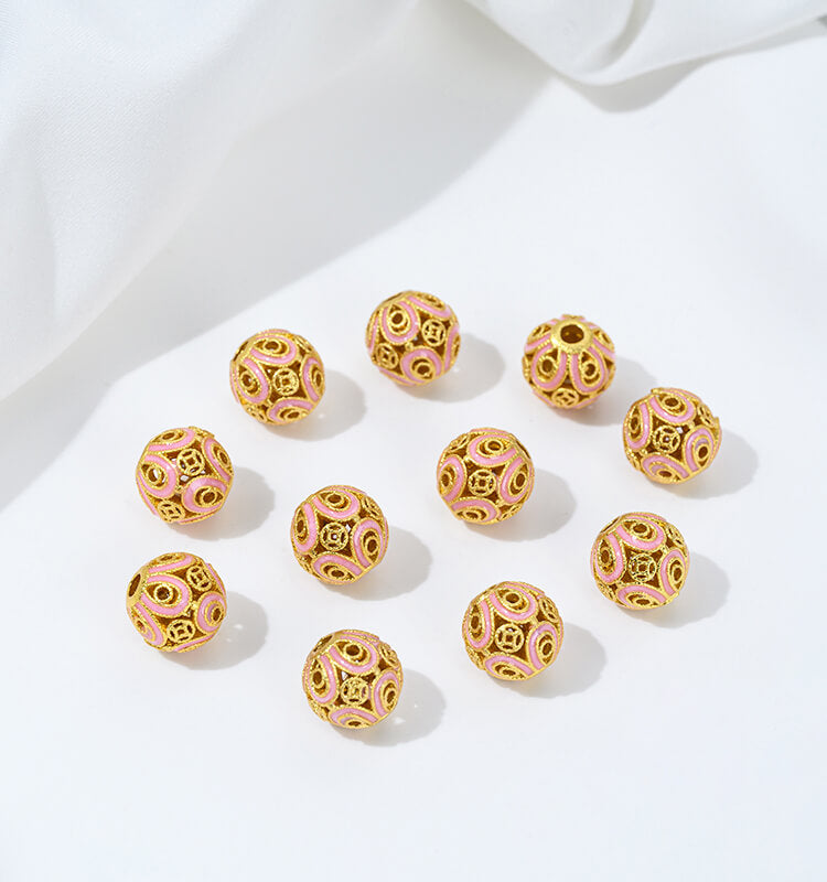 Gold-dripped cloisonne pink peach blossom hollow sphere copper coin lotus butterfly spacer beads