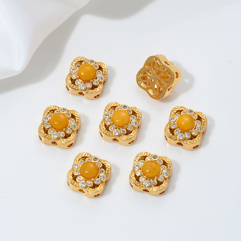 Inlaid with natural rose stone cabochon tiger eye stone beeswax porous spacer beads