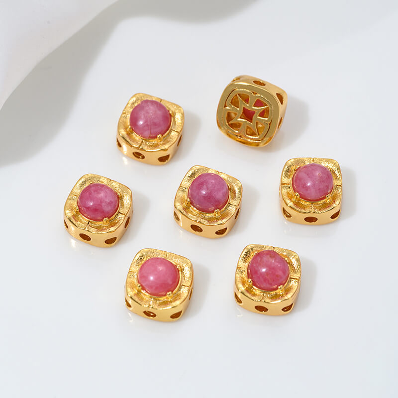 Inlaid with natural rose stone cabochon tiger eye stone beeswax porous spacer beads
