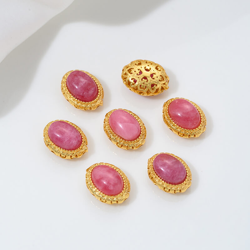 Inlaid with natural rose stone cabochon tiger eye stone beeswax porous spacer beads