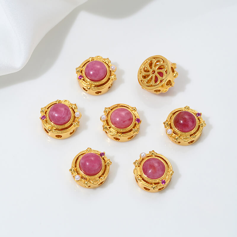 Inlaid with natural rose stone cabochon tiger eye stone beeswax porous spacer beads