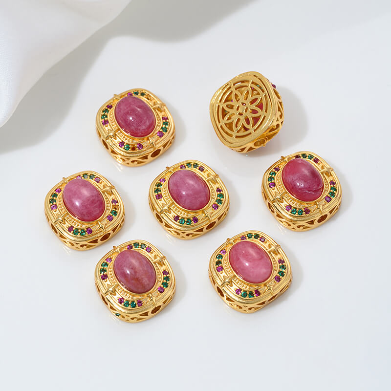 Inlaid with natural rose stone cabochon tiger eye stone beeswax porous spacer beads