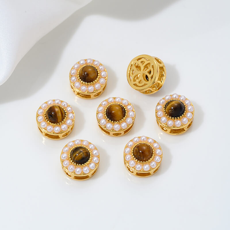 Inlaid with natural rose stone cabochon tiger eye stone beeswax porous spacer beads