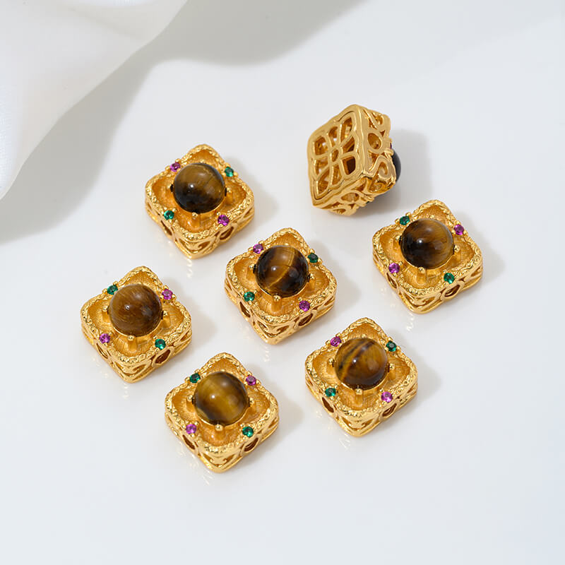 Inlaid with natural rose stone cabochon tiger eye stone beeswax porous spacer beads