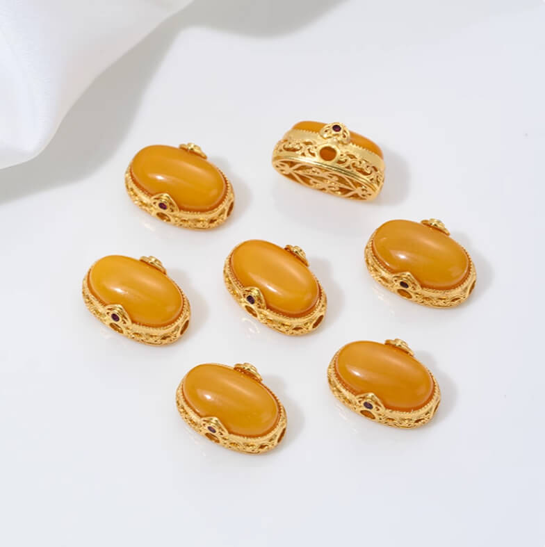Inlaid with natural rose stone cabochon tiger eye stone beeswax porous spacer beads