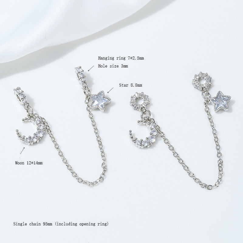Safety Chain，Tassel Planet Moon Snowflake Butterfly Pendant，White Gold Plated Brass