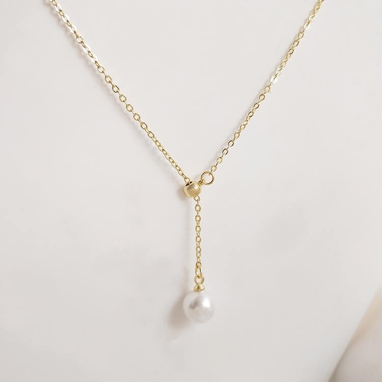 14K gold-plated adjustable Y-shaped pearl clavicle necklace with rubber beads