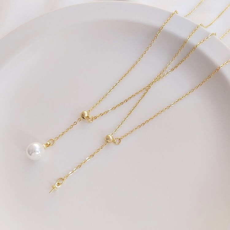 14K gold-plated adjustable Y-shaped pearl clavicle necklace with rubber beads