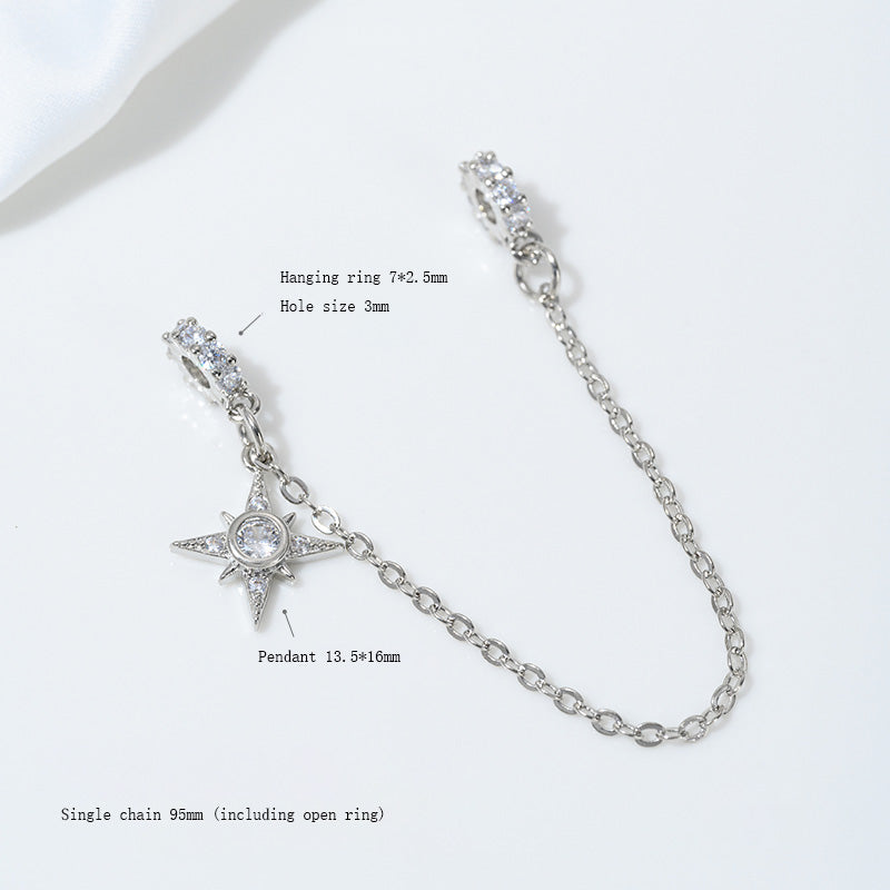 Safety Chain，Tassel Planet Moon Snowflake Butterfly Pendant，White Gold Plated Brass