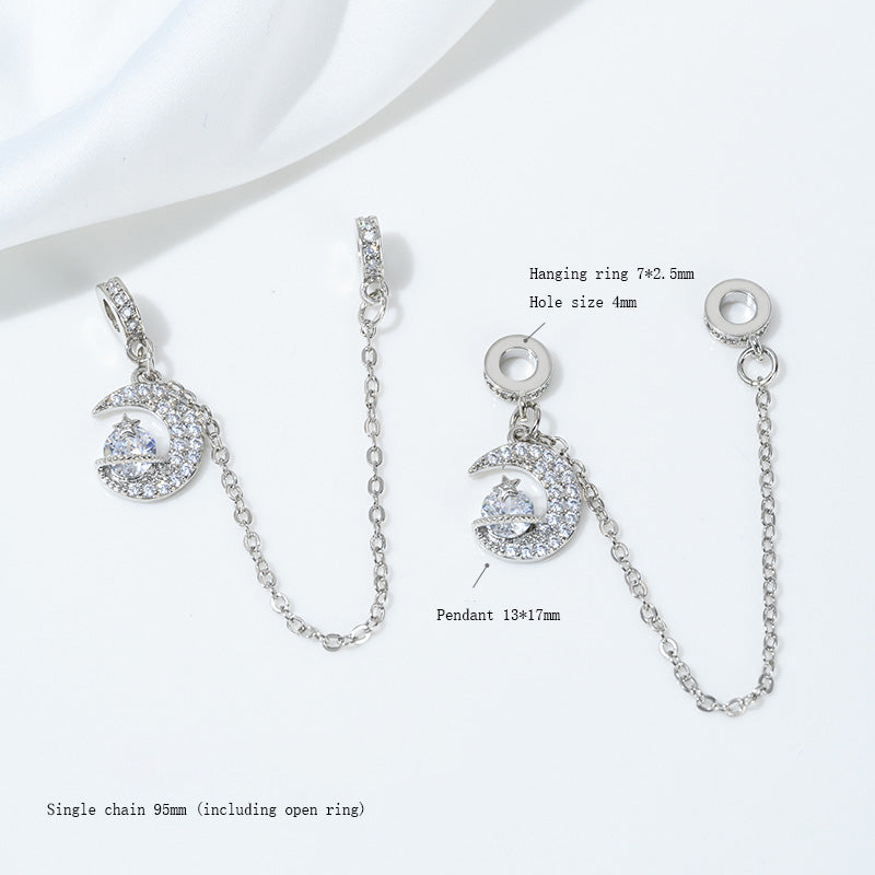 Safety Chain，Tassel Planet Moon Snowflake Butterfly Pendant，White Gold Plated Brass