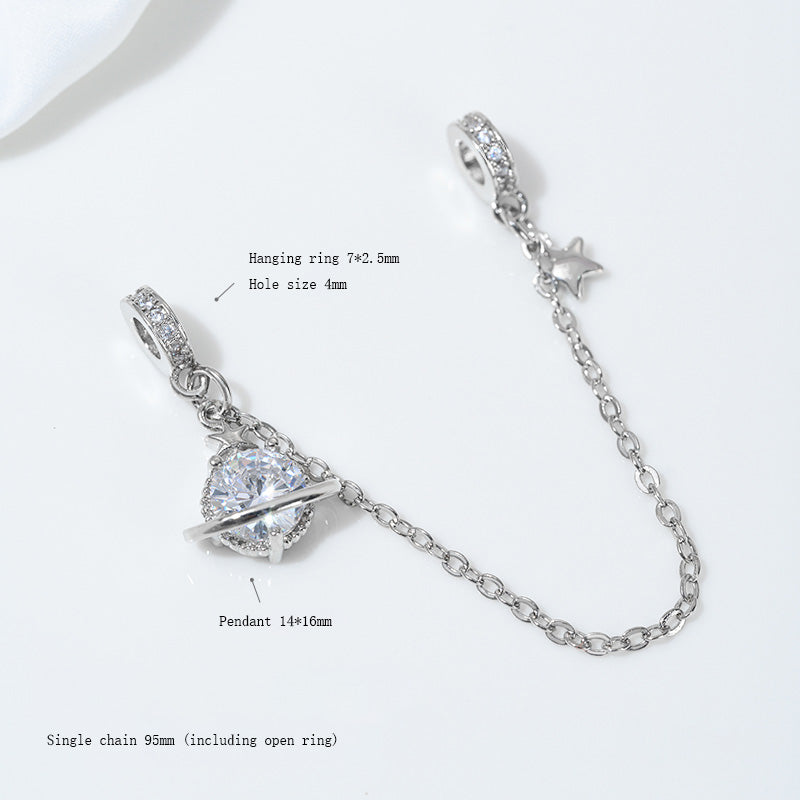 Safety Chain，Tassel Planet Moon Snowflake Butterfly Pendant，White Gold Plated Brass