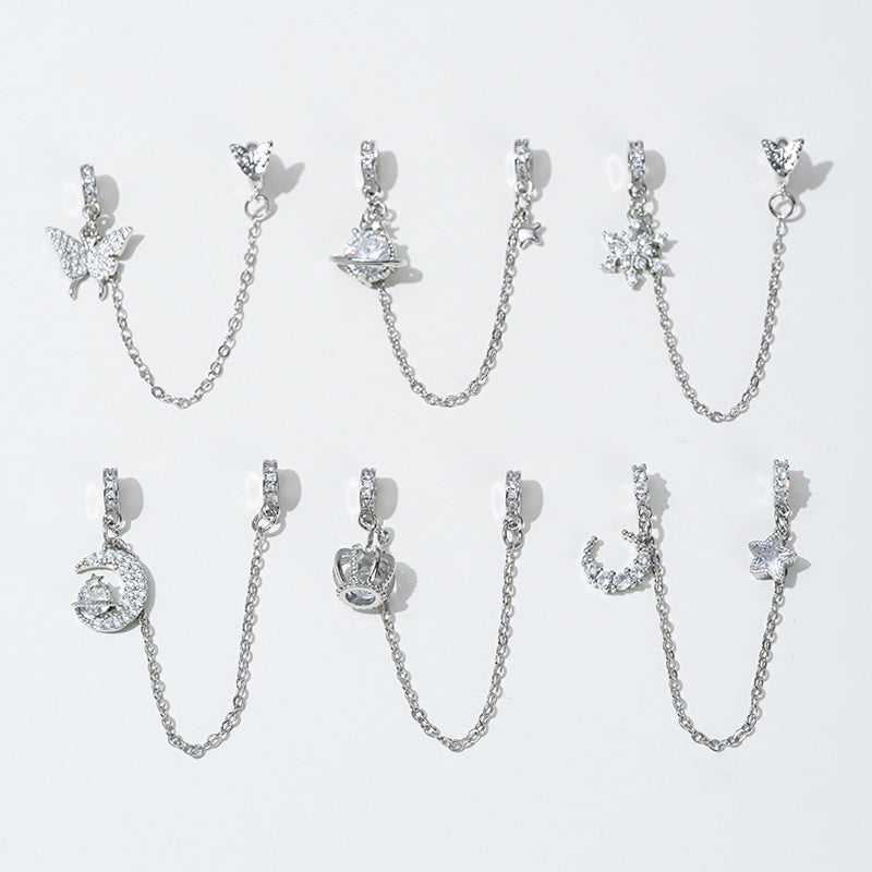 Safety Chain，Tassel Planet Moon Snowflake Butterfly Pendant，White Gold Plated Brass