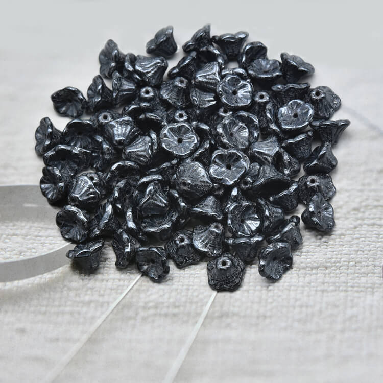 Czech Bell Flower Beads - Black Opaque White Luster 5x8 mm, 23980-14400(300 pcs)