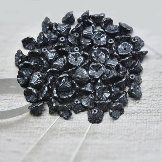 Czech Bell Flower Beads - Black Opaque White Luster 5x8 mm, 23980-14400(300 pcs)