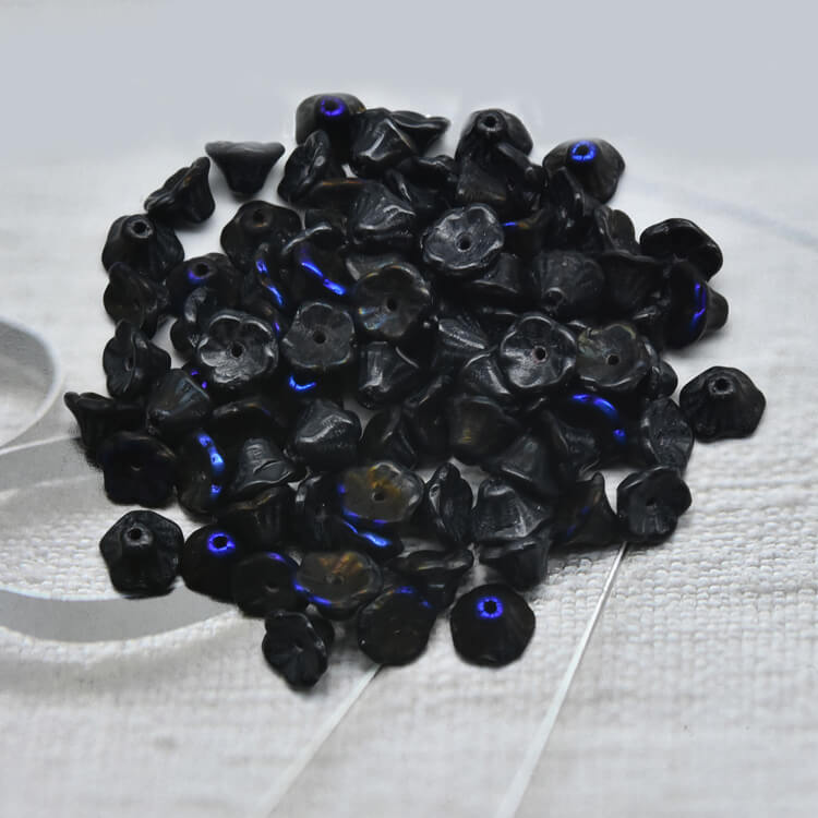 Czech Bell Flower Beads - Black Opaque, Azuro Half 5x8 mm, 23980-29901(300 pcs)