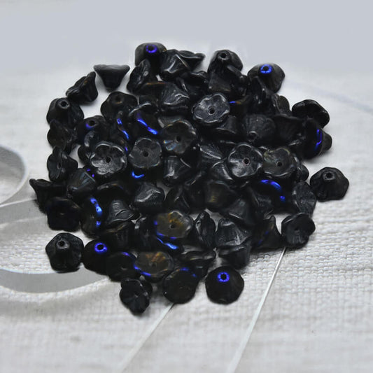 Czech Bell Flower Beads - Black Opaque, Azuro Half 5x8 mm, 23980-29901(300 pcs)