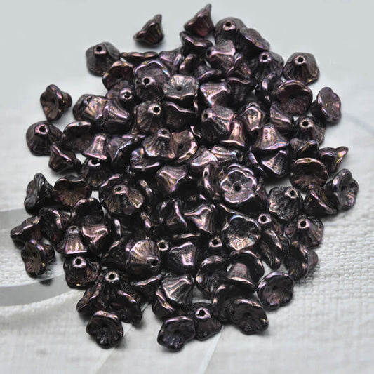 Czech Bell Flower Beads - Jet Iris Luster 5x8 mm, 23980-15781(300 pcs)
