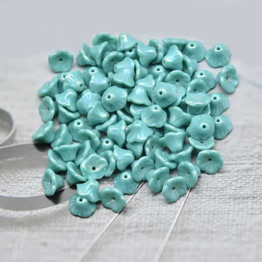 Czech Bell Flower Beads - Opaque Green Rainbow Iris 5x8 mm, 63140-21405(300 pcs)