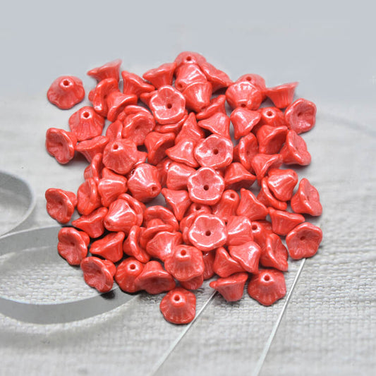 Czech Bell Flower Beads - Opaque Lt Red Luster 5x8 mm, 93180-14400(300 pcs)