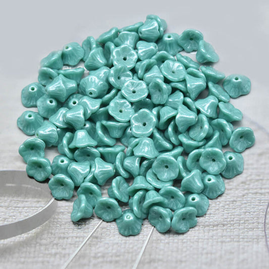 Czech Bell Flower Beads - Opaque Mint Rainbow 5x8 mm, 63140-14400(300 pcs)