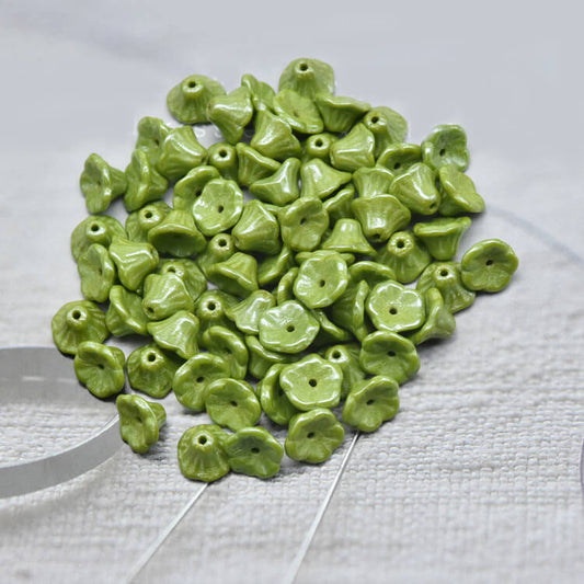 Czech Bell Flower Beads - Opaque Olive White Luster 5x8 mm, 53420-14400(300 pcs)