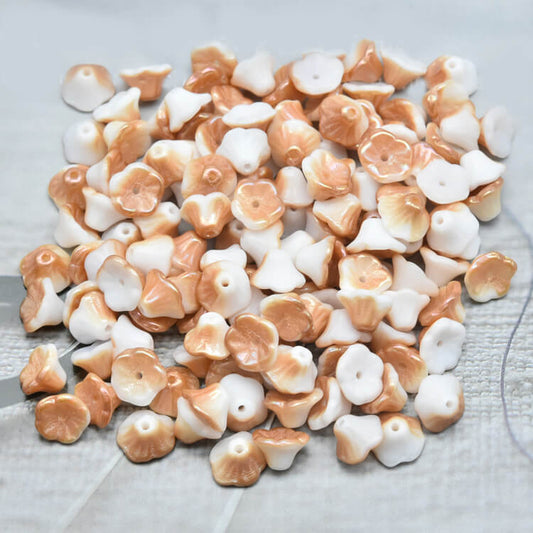 Czech Bell Flower Beads - White Alabaster Apricot 5x8 mm, 02010-29121(300 pcs)