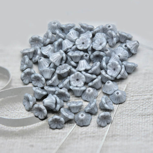 Czech Bell Flower Beads - White Alabaster Blue Luster 5x8 mm, 02010-14464(300 pcs)