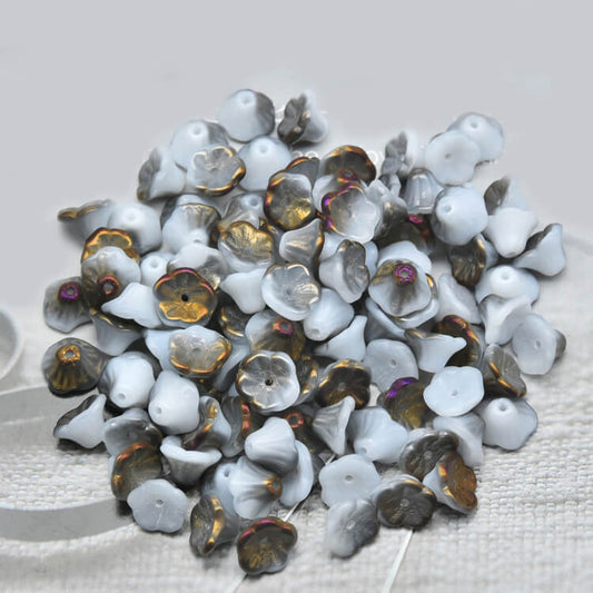 Czech Bell Flower Beads - White Alabaster Brown Flare 5x8 mm, 02010-23001(300 pcs)