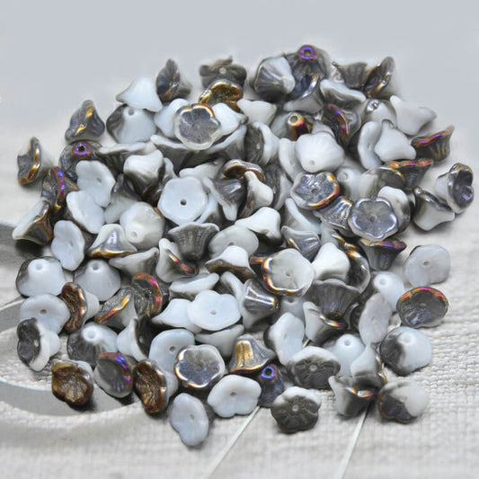 Czech Bell Flower Beads - White Alabaster Glazed 5x8 mm, 02010-29501(300 pcs)