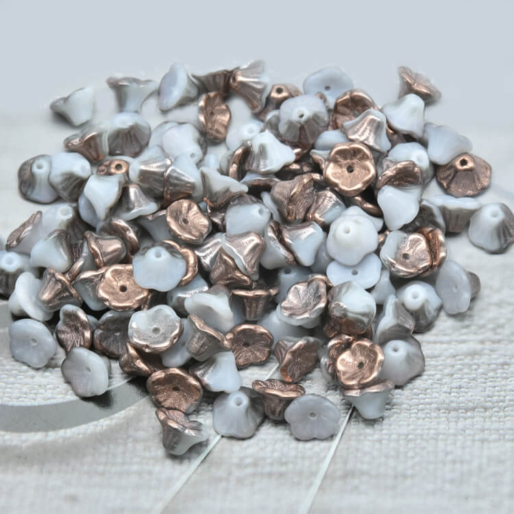 Czech Bell Flower Beads - White Alabaster Gold Capri 5x8 mm, 02010-27101(300 pcs)