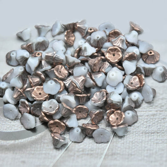 Czech Bell Flower Beads - White Alabaster Gold Capri 5x8 mm, 02010-27101(300 pcs)